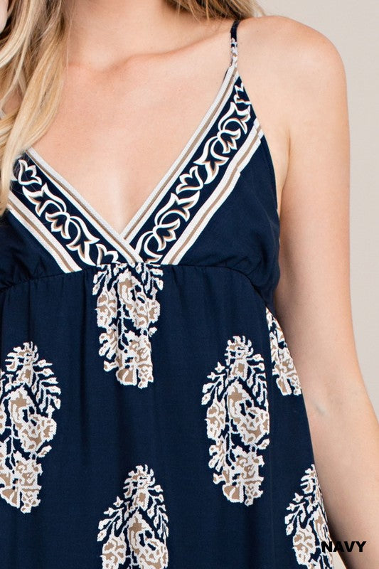 Casual Strap Navy Maxi Dress with Mocha Print