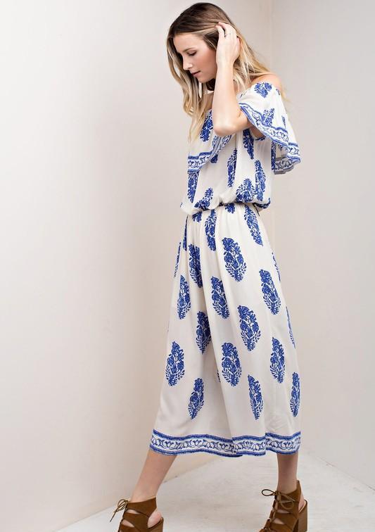 Casual Off Shoulder Ivory Jumpsuit with Blue Print