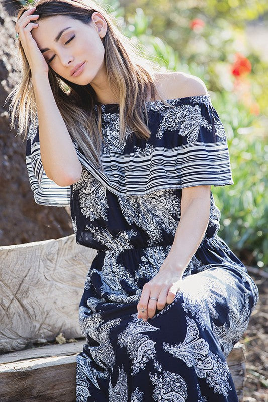 Elegant Off Shoulder Navy Maxi Dress with Mocha Print