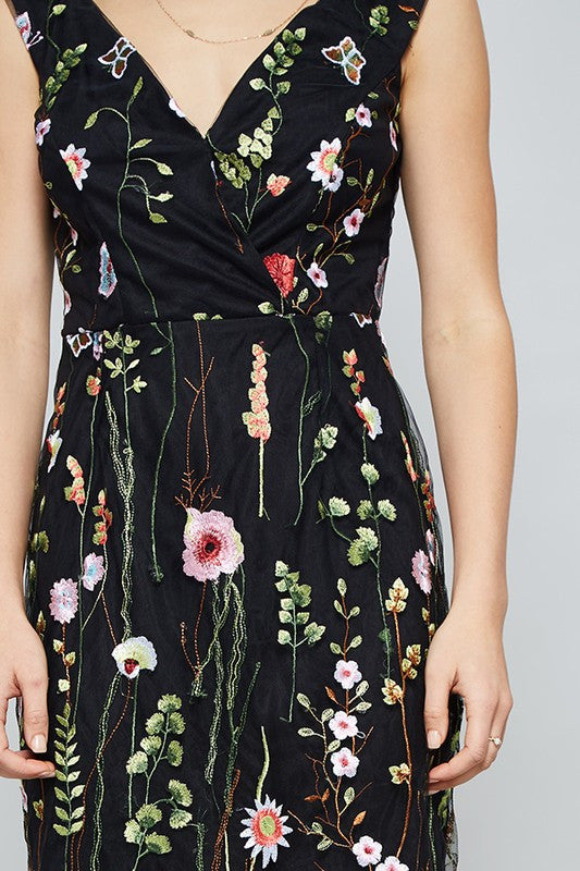 Summer Embroidery Cocktail Knee Length Floral Black Dress