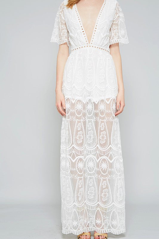 Elegant White Lace Embroidery Maxi Romper