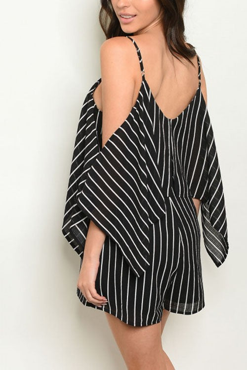 Fashion Strap Black Contrast Cold Shoulder Ruffle Romper