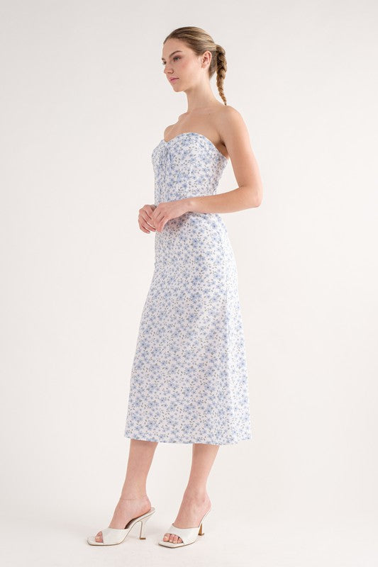 Fashion Strapless Blue Floral Print Corset Midi Dress