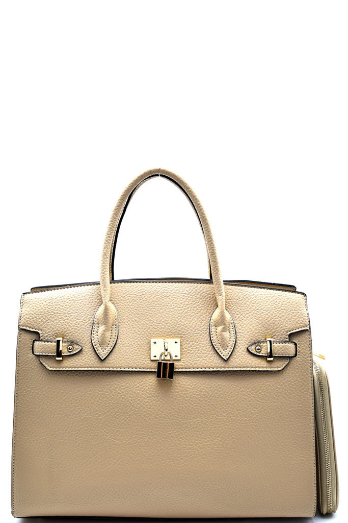 Elegant Beige Padlock Top Handle Large Tote Bag Set