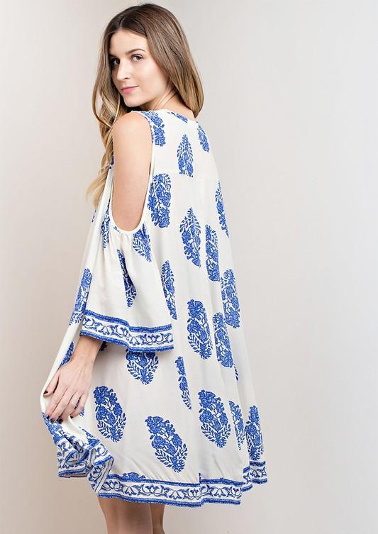 Casual Cold Shoulder Ivory Dress with Blue Print