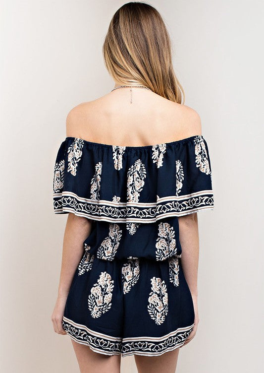Casual Off Shoulder Navy Romper with Mocha Print