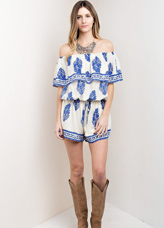 Casual Off Shoulder Ivory Romper with Blue Print