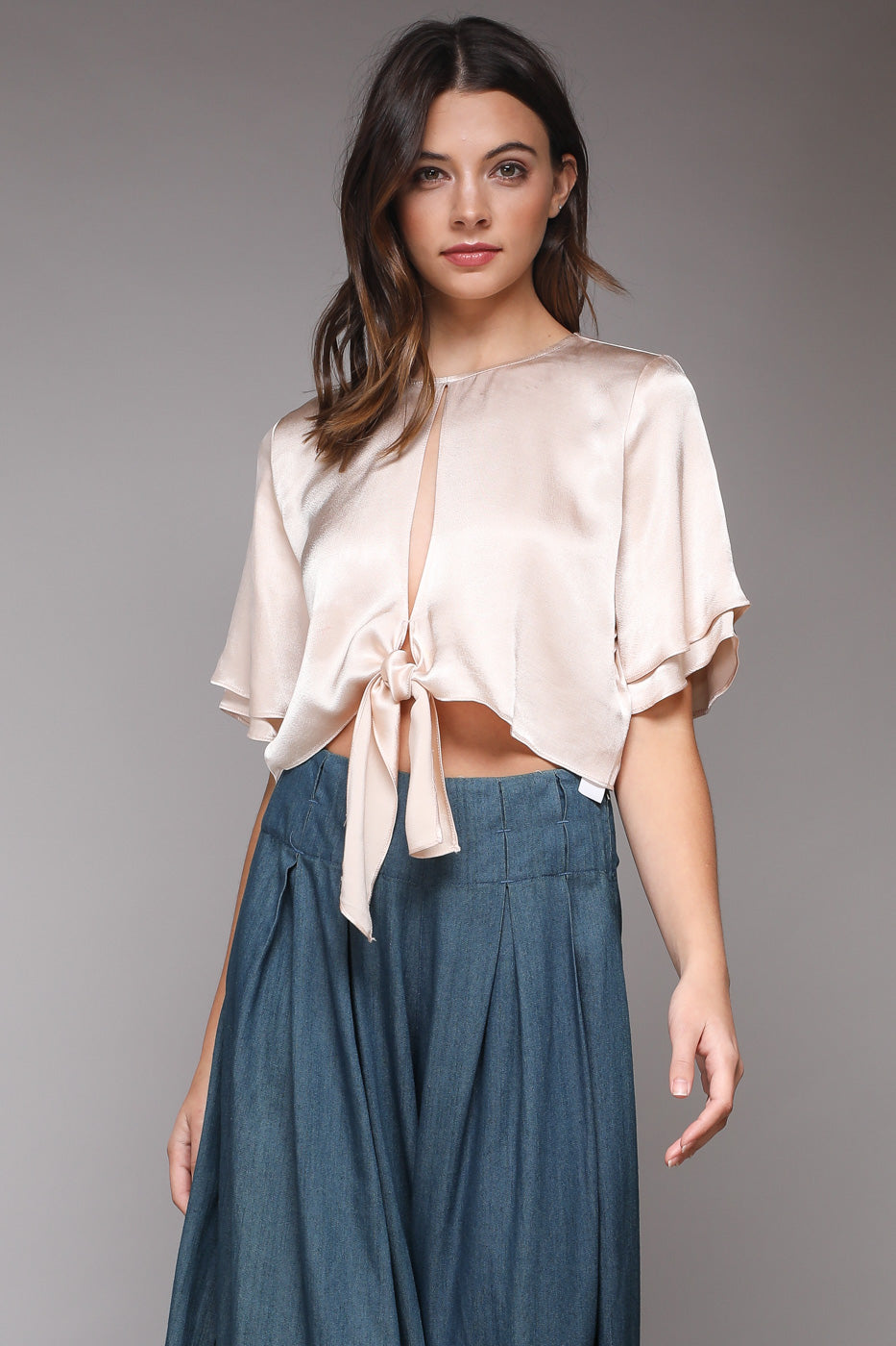 Elegant Satin Champagne Top with Front Slit Tie-Up