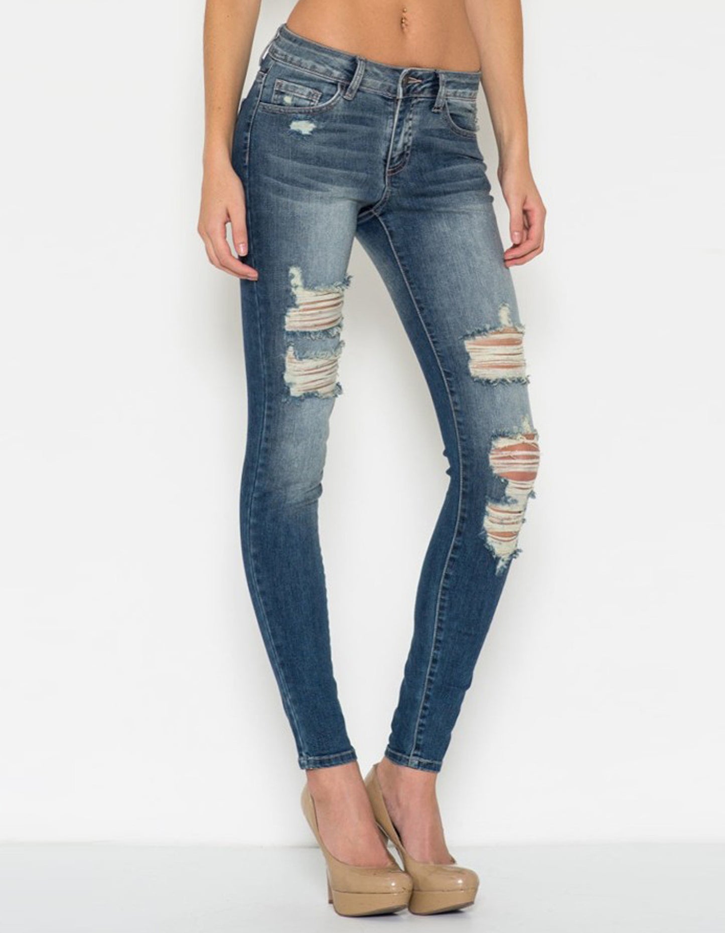 Ripped Skinny Jean with Dark Blue Wash