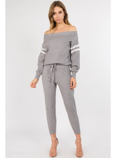 Fashion Off Shoulder White Striped Detailed Long Sleeve Jogging Grey Top