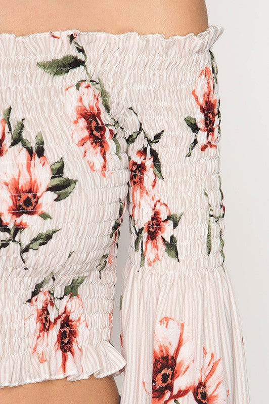 Summer Off Shoulder Beige Elastic Floral Print Top with Bell Sleeve