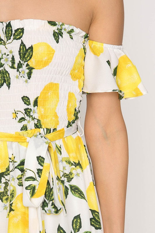 Summer Off Shoulder Lemon Print High Low White Maxi Dress