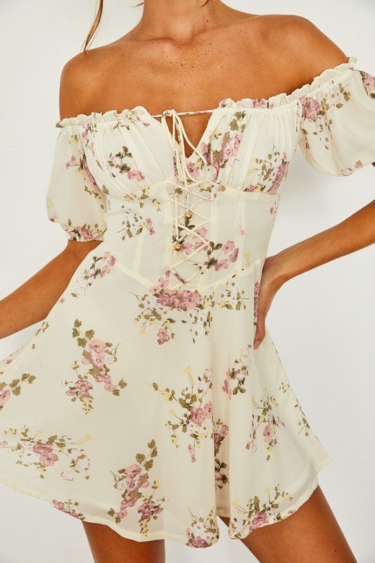 Fashion Off Shoulder White Multi-Color Floral Print Front Tie-Up Dress