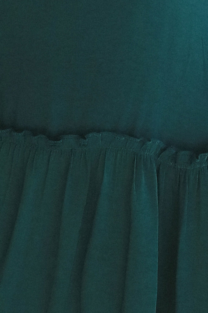 Elegant Forest Green Satin V-Neck Ruffle Dress