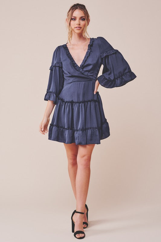 Elegant Navy Satin V-Neck Ruffle Dress