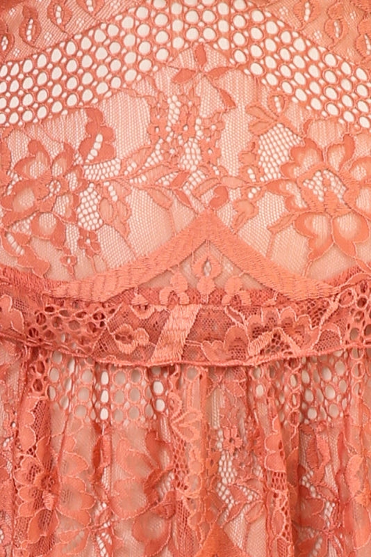Elegant Rose Lace Floral Detailed V-Neck Ruffle Open Back Dress with Long Sleeve