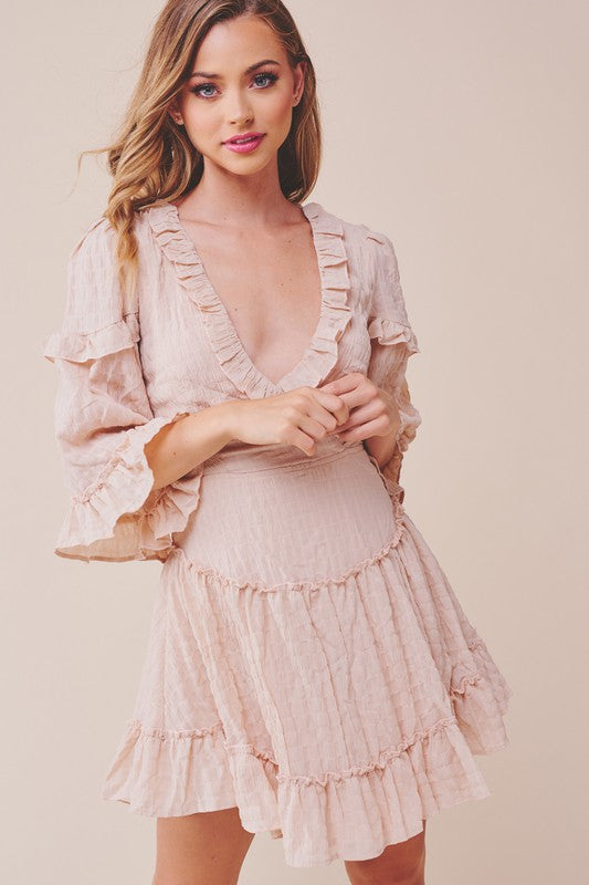 Fashion Beige V-Neck Ruffle Back Tie-Up Dress