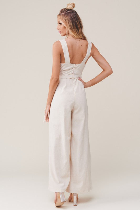Elegant Beige V-Neck Double Tie-Up Jumpsuit