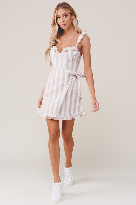 Elegant Beige Marine Strap Ruffle Wrap Tie Up Dress