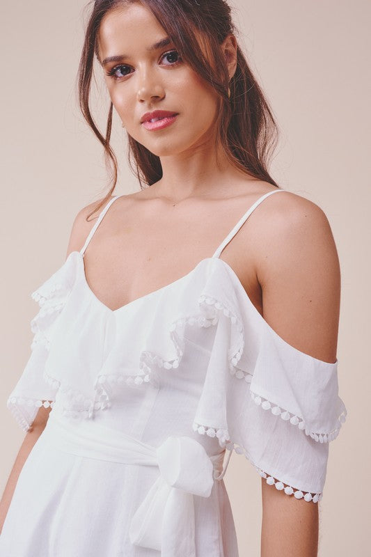 Elegant Strap White Tie-Up Ruffle Tassel Sleeveless Romper
