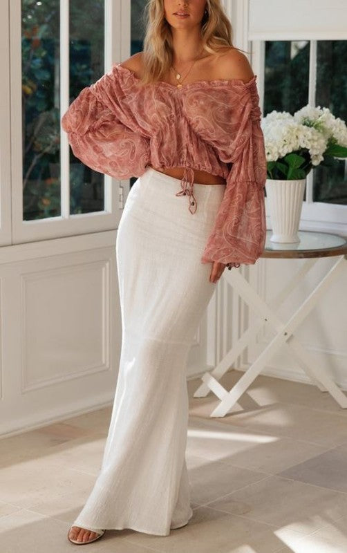 Fashion Off Shoulder Pink Floral Tie-Up Ruffle Crop Top with Bell Sleeve