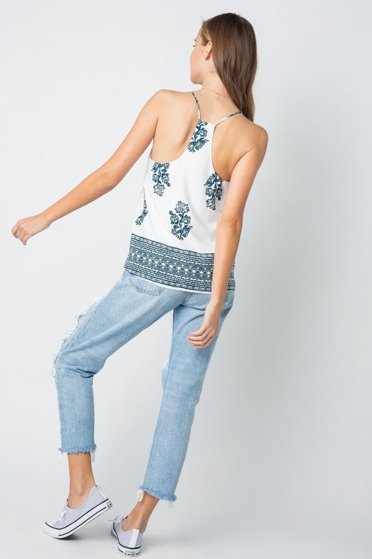 Casual Blue Floral Print Strap Top