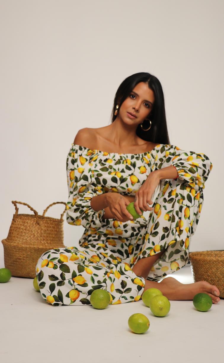 Elegant Off Shoulder White Lemon Print Crop Top with Bell Sleeve