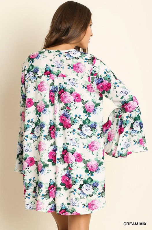 Floral Shirt Tunique Dress with Bell Sleeved