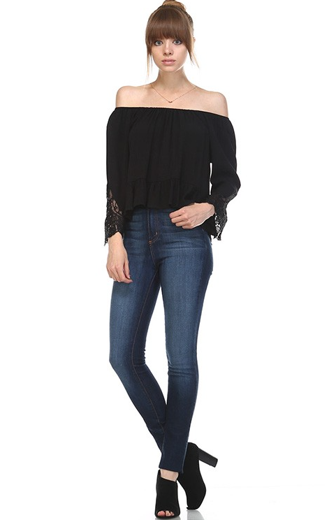 Off Shoulder Black Lace Sleeve Top