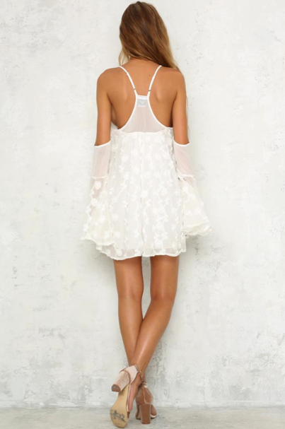 Elegant Cold Shoulder White Textured Flowers Flare Dress