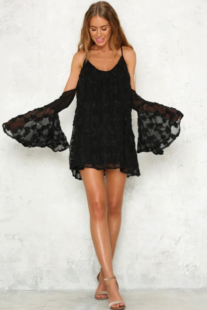 Elegant Cold Shoulder Black Textured Flowers Flare Dress