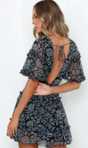 Fashion Navy Floral Print V-Neck Ruffle Dress