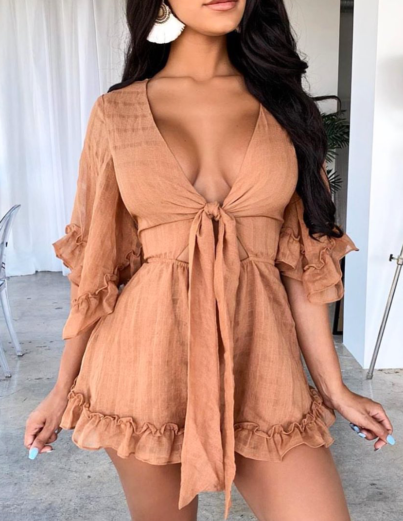 Fashion Tan Deep V-Neck Tie-Up Ruffle Romper