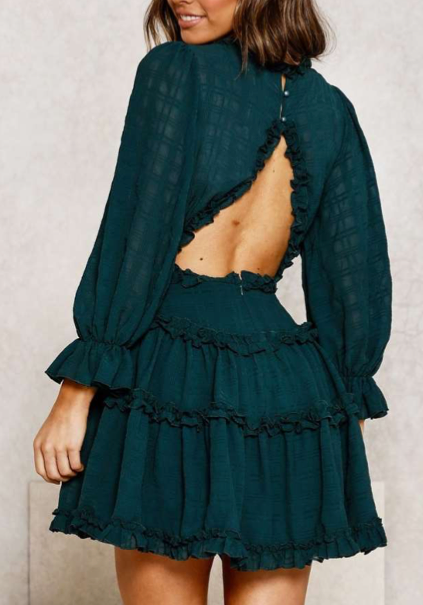 Fashion Forest Green Detailed Print V-Neck Ruffle Dress