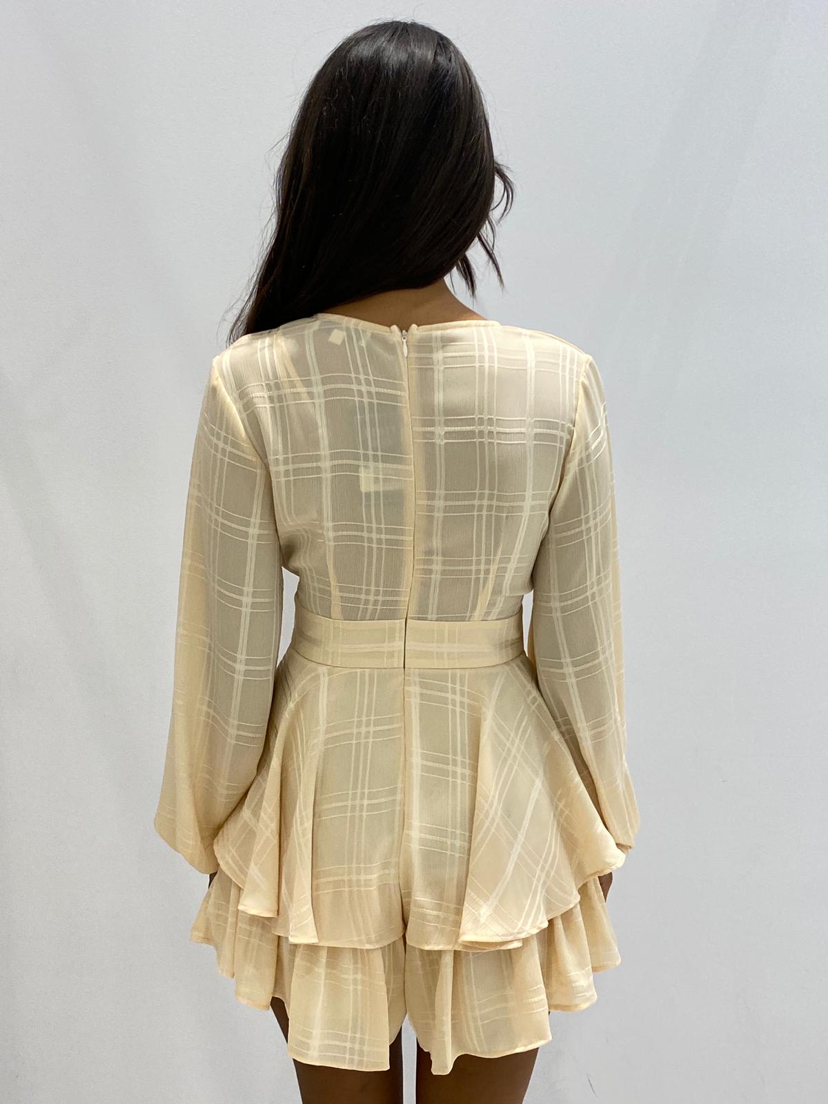 Fashion Light Beige Checkered Ruffle Tie-Up Romper with Bell Sleeve