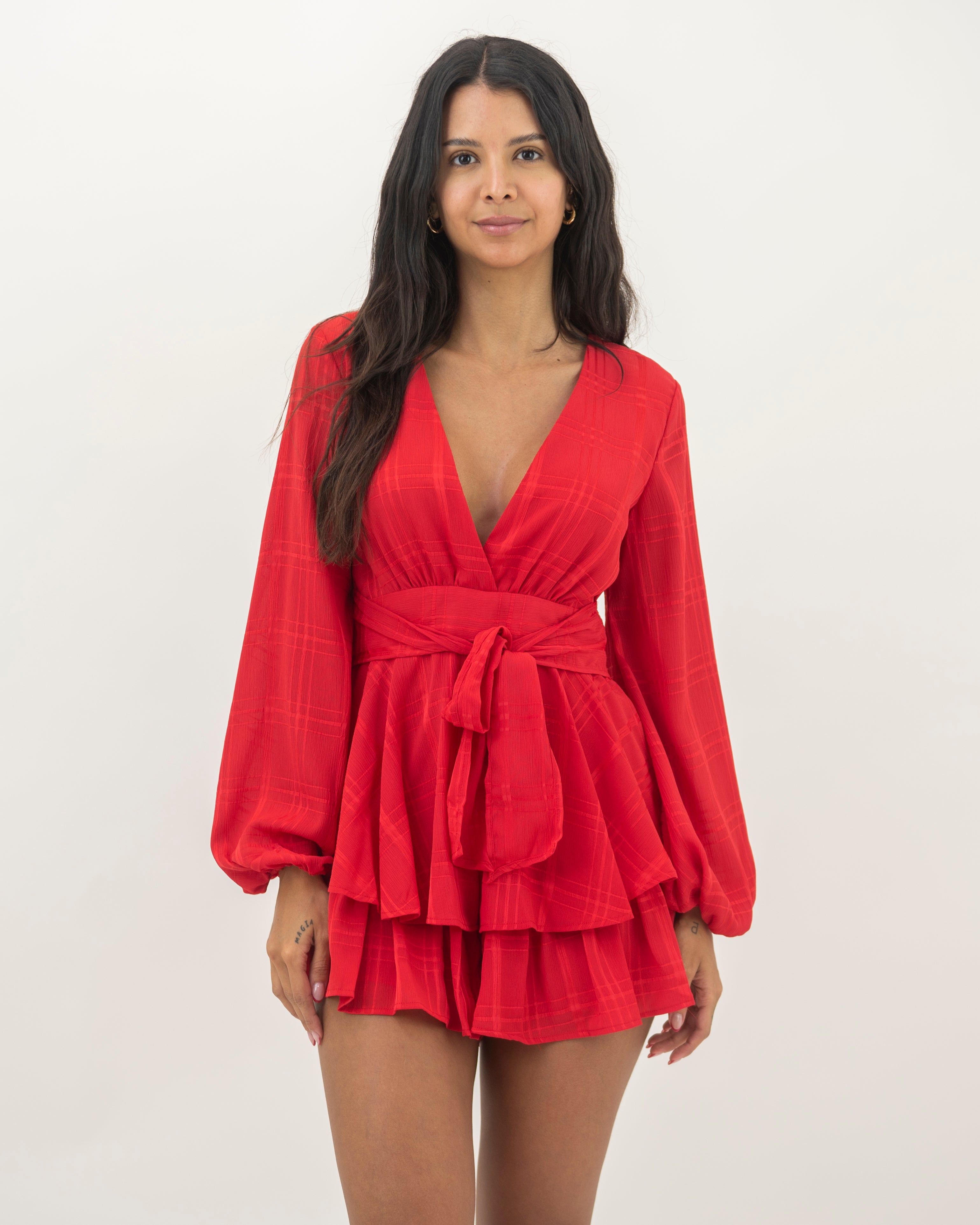Fashion Red Checkered Ruffle Tie-Up Romper with Bell Sleeve S / Red Fashion Red Checkered Ruffle Tie-Up Romper with Bell Sleeve S / Red