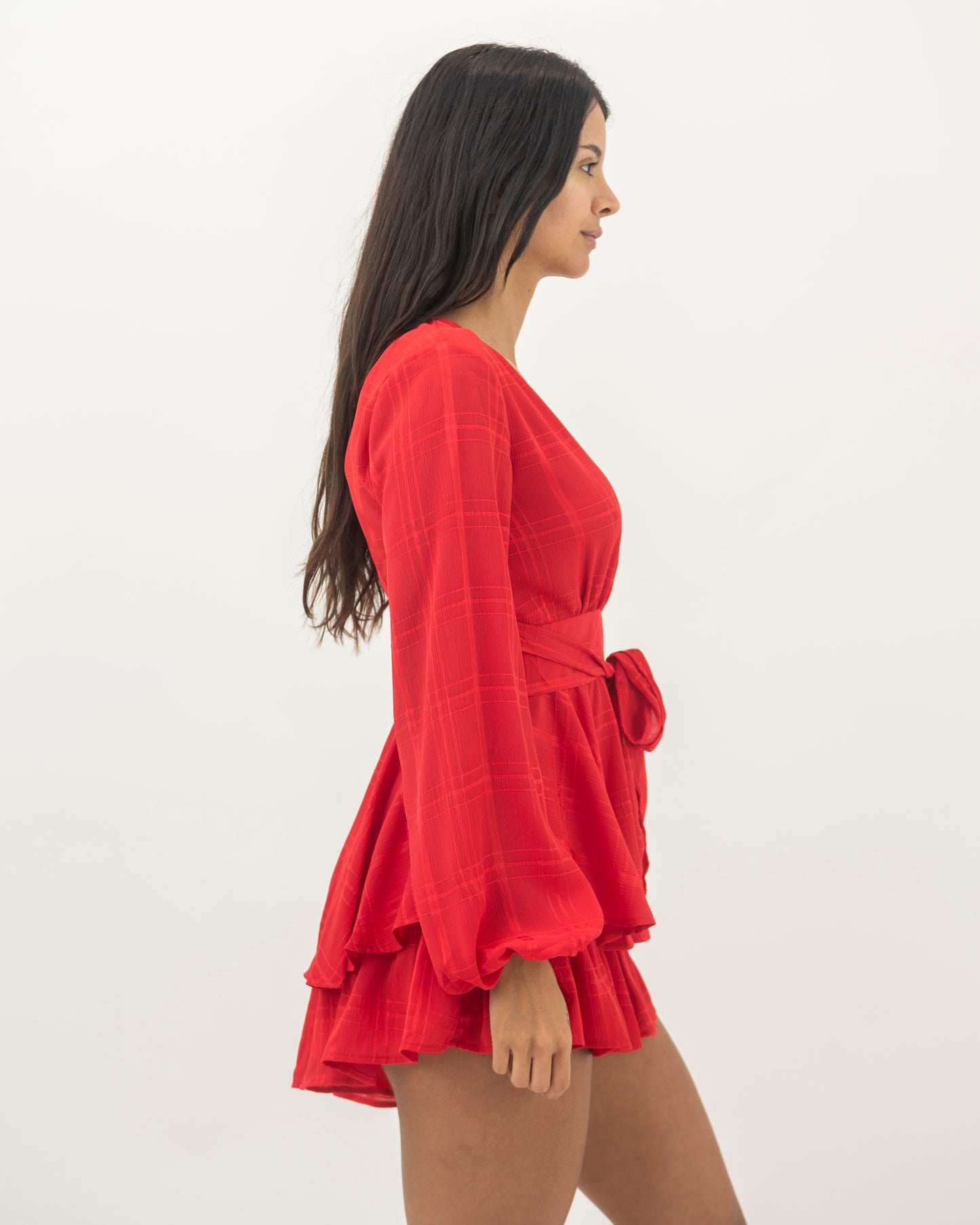 Fashion Red Checkered Ruffle Tie-Up Romper with Bell Sleeve