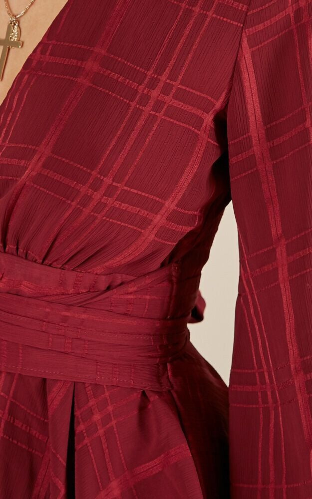 Fashion Wine Checkered Ruffle Tie-Up Romper with Bell Sleeve