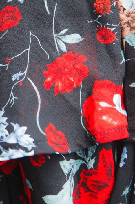 Fashion Black Multi-Color Floral Print Ruffle Tie-Up Romper with Bell Sleeve