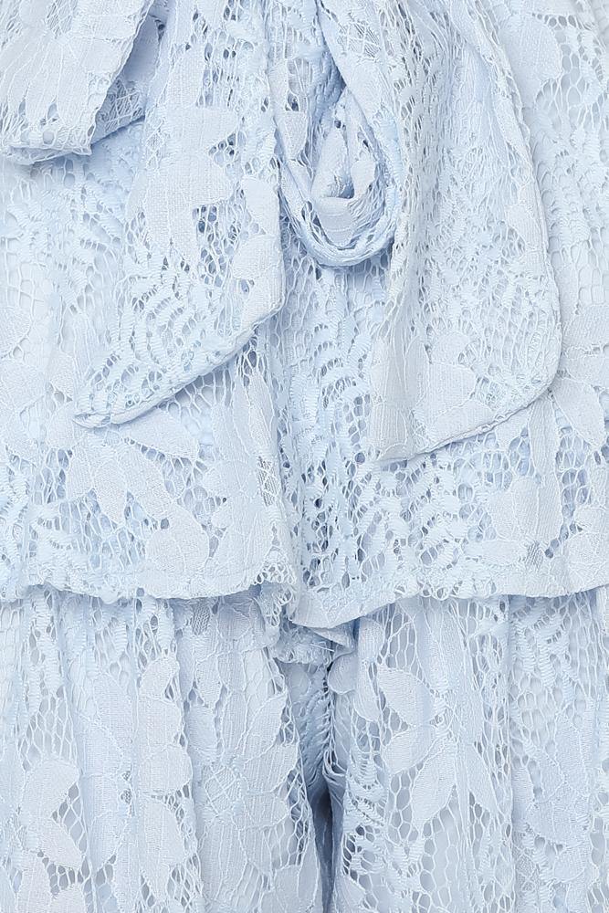 Elegant Strap Light Blue Lace Detailed Tie-Up Ruffle Romper