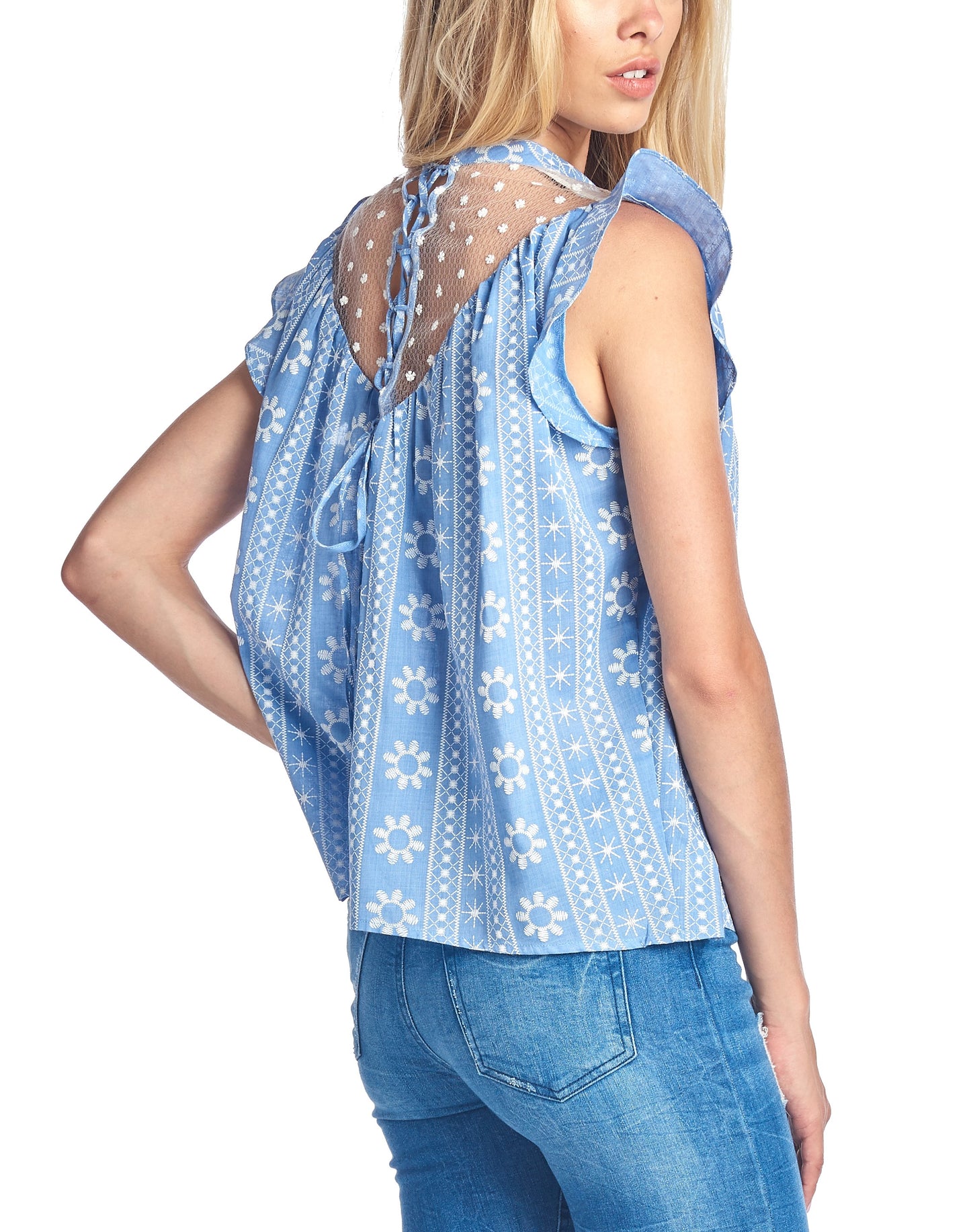 Fashion White Embroidery Mesh Striped Blue Top