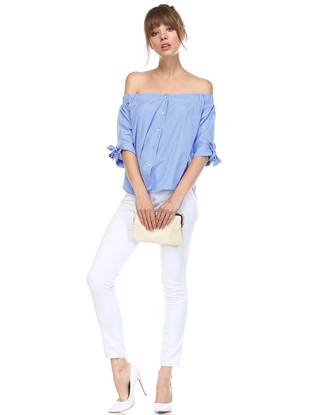Summer Marine Style Button Down Off Shoulder Top