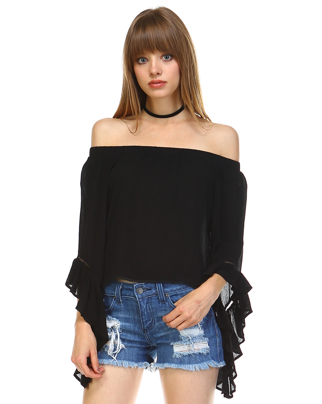 Elegant Black Off Shoulder Ruffle Bell Sleeve Top