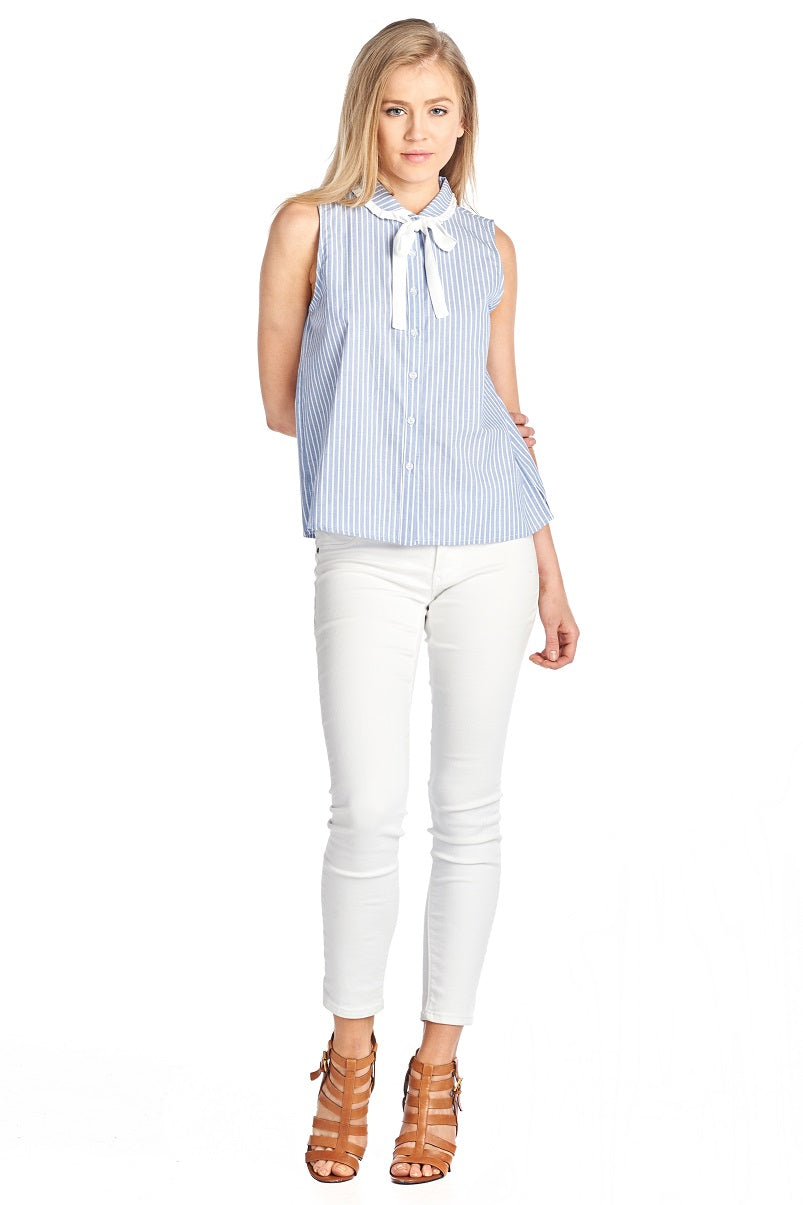 Fashion Bow Detailed Marine Button Down Sleeveless Blouse