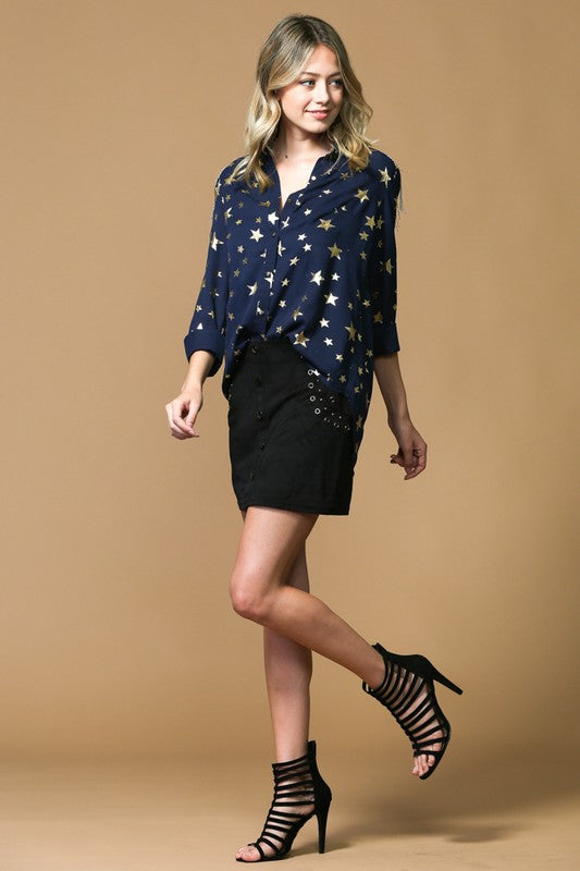 Fashion Gold Star Shoulder Trim Blue Blouse