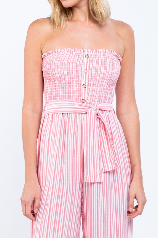 Fashion Elastic Strapless Button Down Pink Tie-Up Jumpsuit