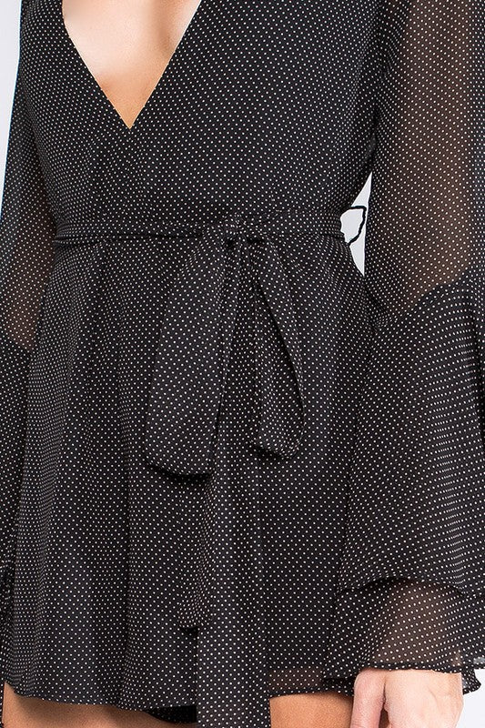 Elegant Polka Dot V-Neck Bell Sleeve Black Romper