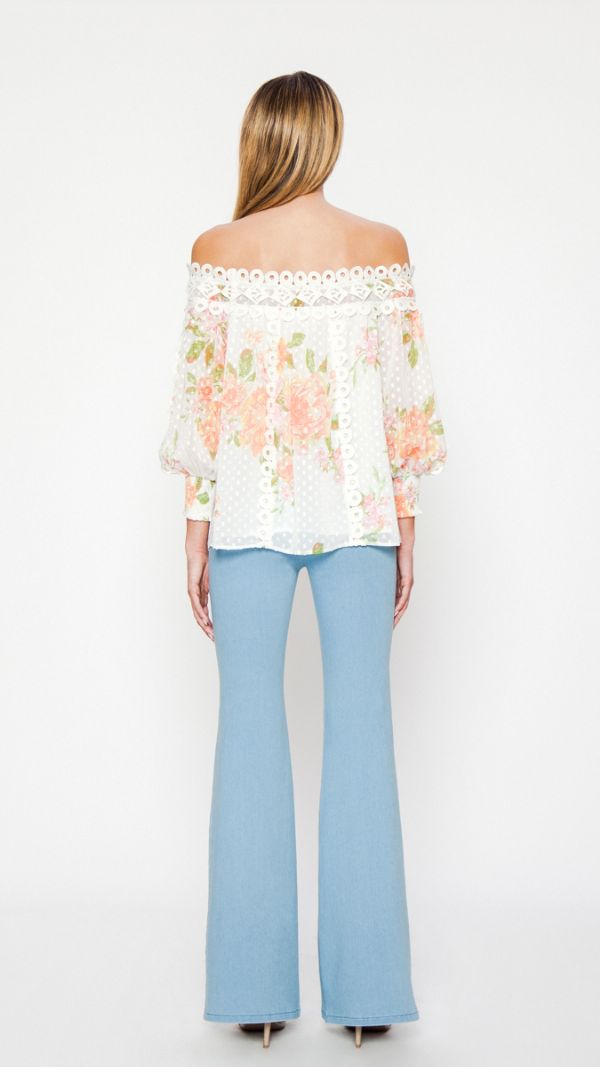 Elegant Off Shoulder Ivory Rose Floral Print Lace Top