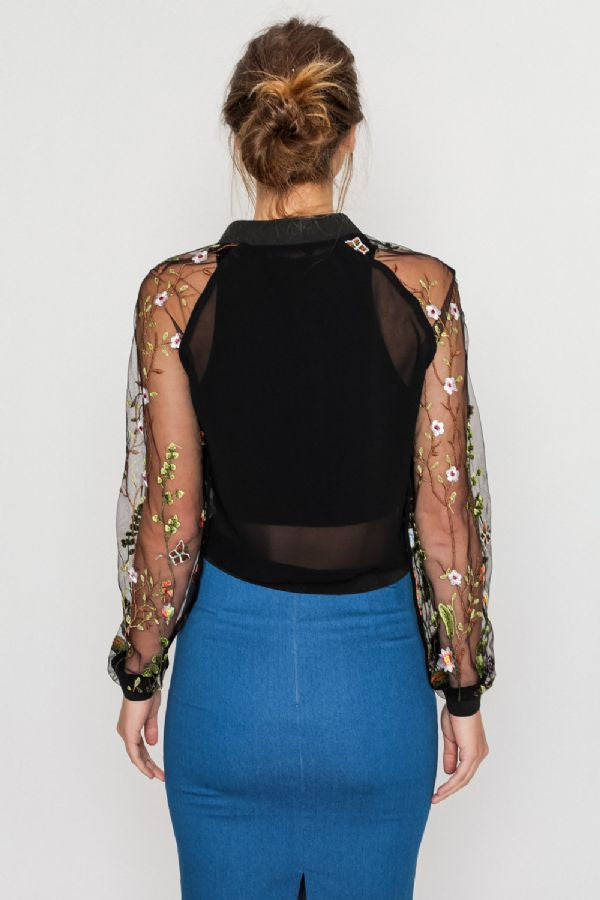 Fashion Black Lace Floral Embroidery Bomber Jacket