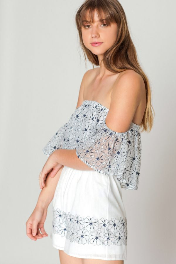 Elegant Off Shoulder Delicate White Romper With Floral